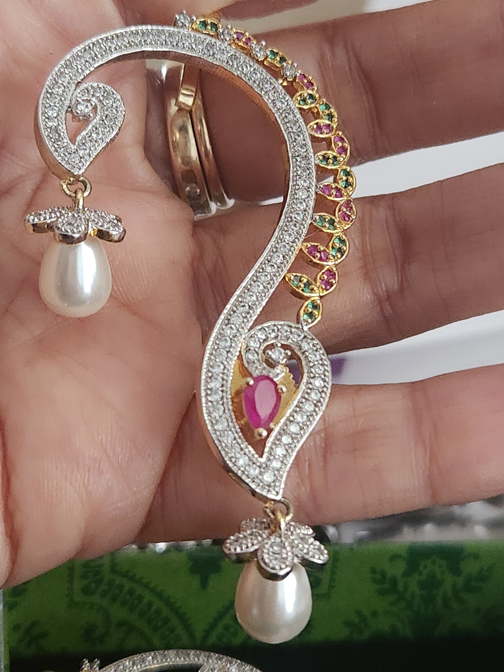 Stunning Bollywood-Style CZ &  Pearl Statement Ear Cuffs Gold Plated - Picture 4 of 4